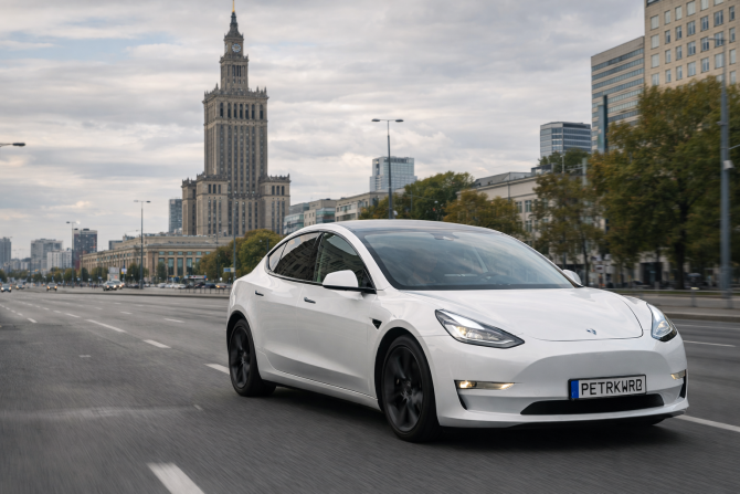A white Tesla driving along a city street, symbolizing modern and eco-friendly urban mobility.