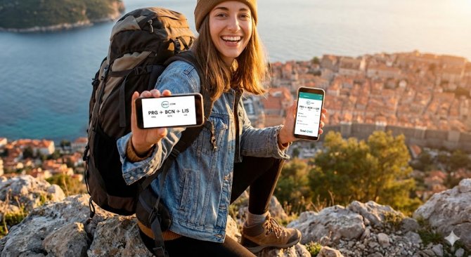 Happy female backpacker at a scenic coastal viewpoint showing the Kiwi.com app on two smartphones with a cheap multi-city itinerary (London-Barcelona-Lisbon), symbolizing smart budget travel.