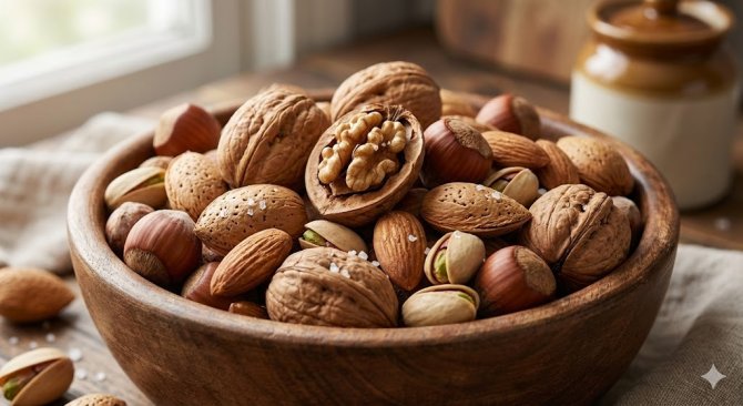 Sunlit kitchen scene where hands are pouring granola into a bowl of yogurt and fruit with a paper bag of the Ochutnej Ořech brand standing nearby