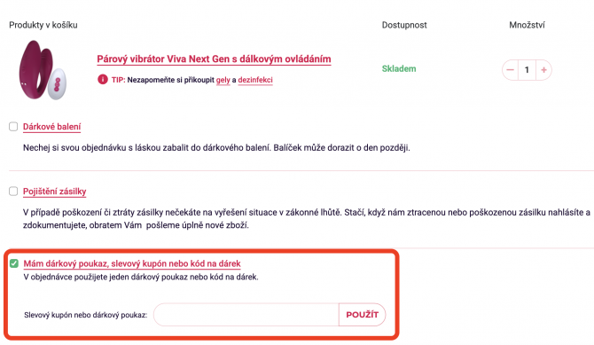 Detailed guide on applying a discount code in the shopping cart of the Růžov&yacute; slon e-shop