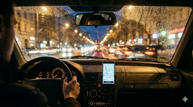 View from the Uber driver's seat during a night drive in the rain. A smartphone displaying navigation for a free ride is mounted in the holder