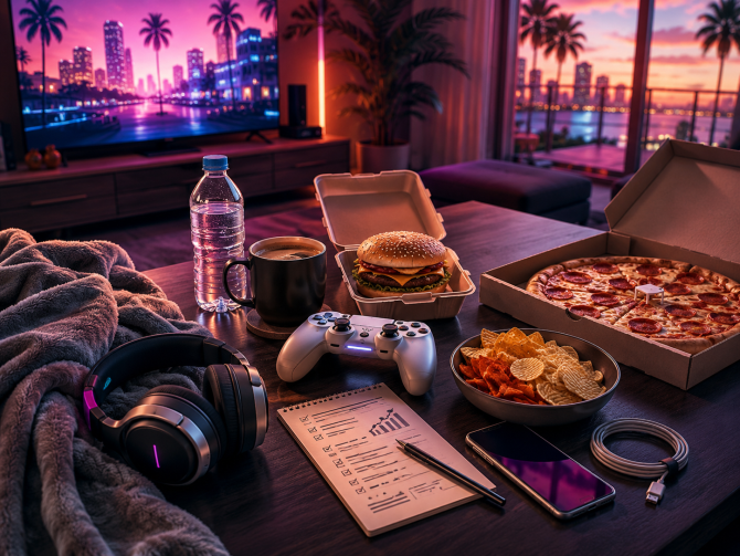 Snacks, water and a controller prepared for a gaming weekend