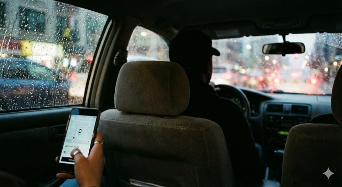 A passenger holding a phone with the Uber app and a discount code while riding in the back seat