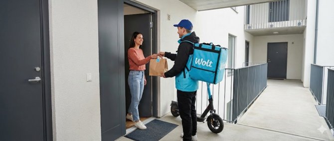 Smiling customer receiving a paper bag order from a Wolt courier with a blue thermal bag and electric scooter right at her apartment door.