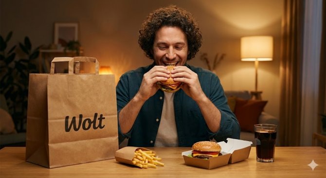 Happy man enjoying a burger and fries from a freshly delivered order at home, with an open brown Wolt paper bag standing next to him.