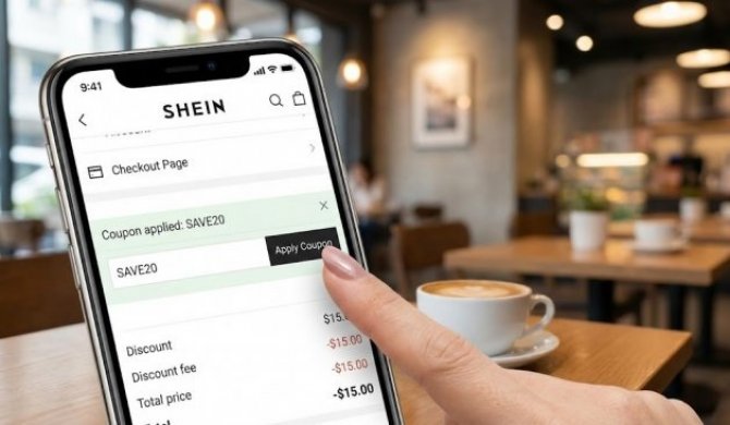 close up of a smartphone with the shein app open in the cart section where the user enters a discount code and applies loyalty points
