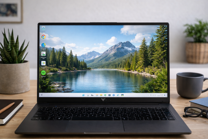 Elegant metal Acemagic 15.6 FHD laptop from the Temu e-shop displayed on a desk. Use the current discount code on Temu and get this powerful computer at an unbeatable price with a significant discount.