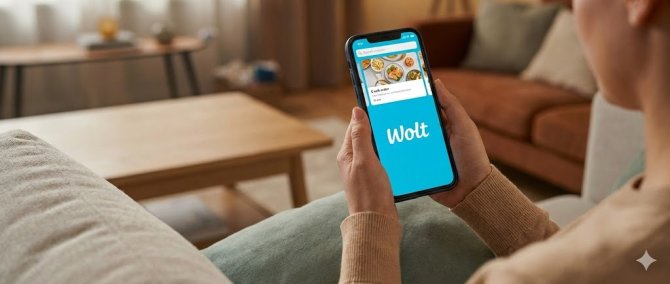 Close-up of hands holding a smartphone with the Wolt app launched for easy online food ordering from the comfort of home.