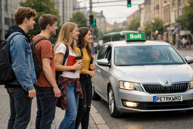 A group of young people waiting for a Bolt ride on a city street as the car approaches.