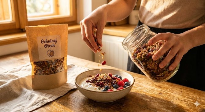 Detailed macro photo of a rustic wooden bowl overflowing with a mix of walnuts, hazelnuts, and almonds on a table