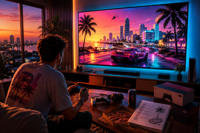 Gamer preparing for the release of GTA VI in a room with a console and television