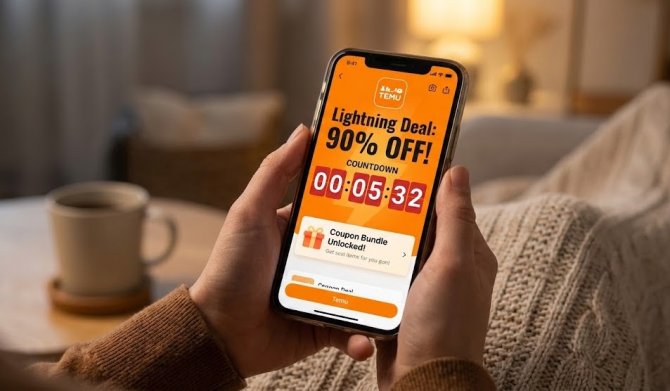 Close-up of a smartphone displaying the Temu mobile app with an active 90 percent off lightning deal and an unlocked coupon bundle for discounted online shopping