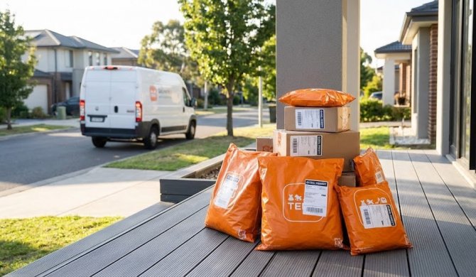 A pile of orange Temu delivery bags and cardboard boxes successfully delivered to a modern home's terrace, with a white courier van driving away in the sunny street
